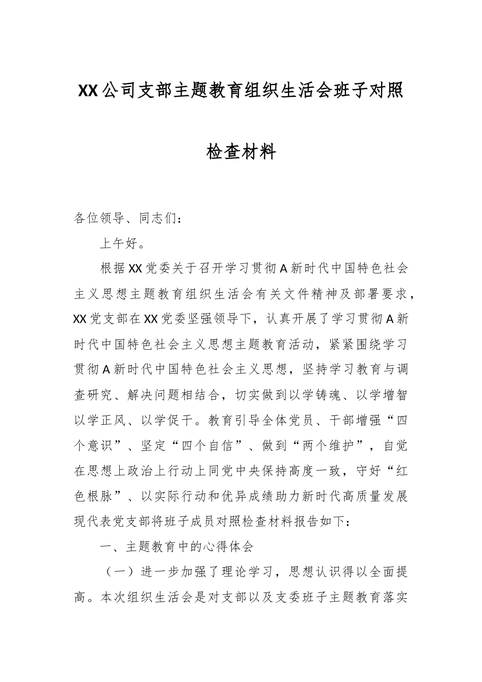 XX公司支部主题教育组织生活会班子对照检查材料.docx_第1页