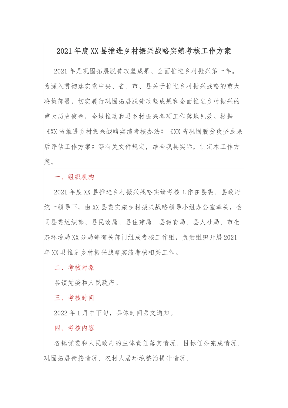 2021年度XX县推进乡村振兴战略实绩考核工作方案.docx_第1页