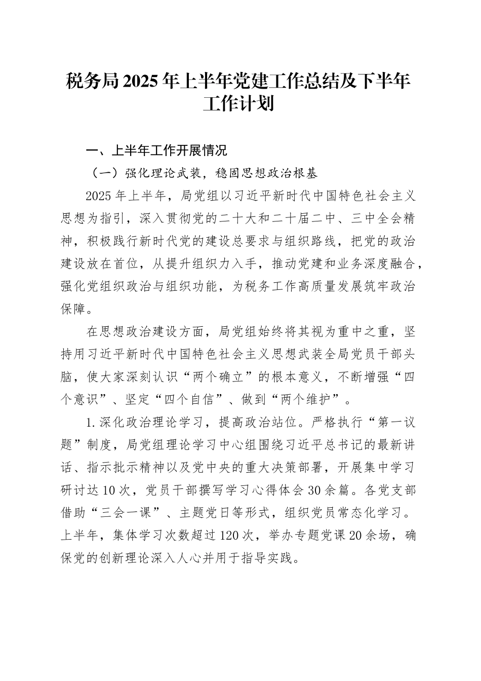 税务局2025年上半年党建工作总结及下半年工作计划.docx_第1页