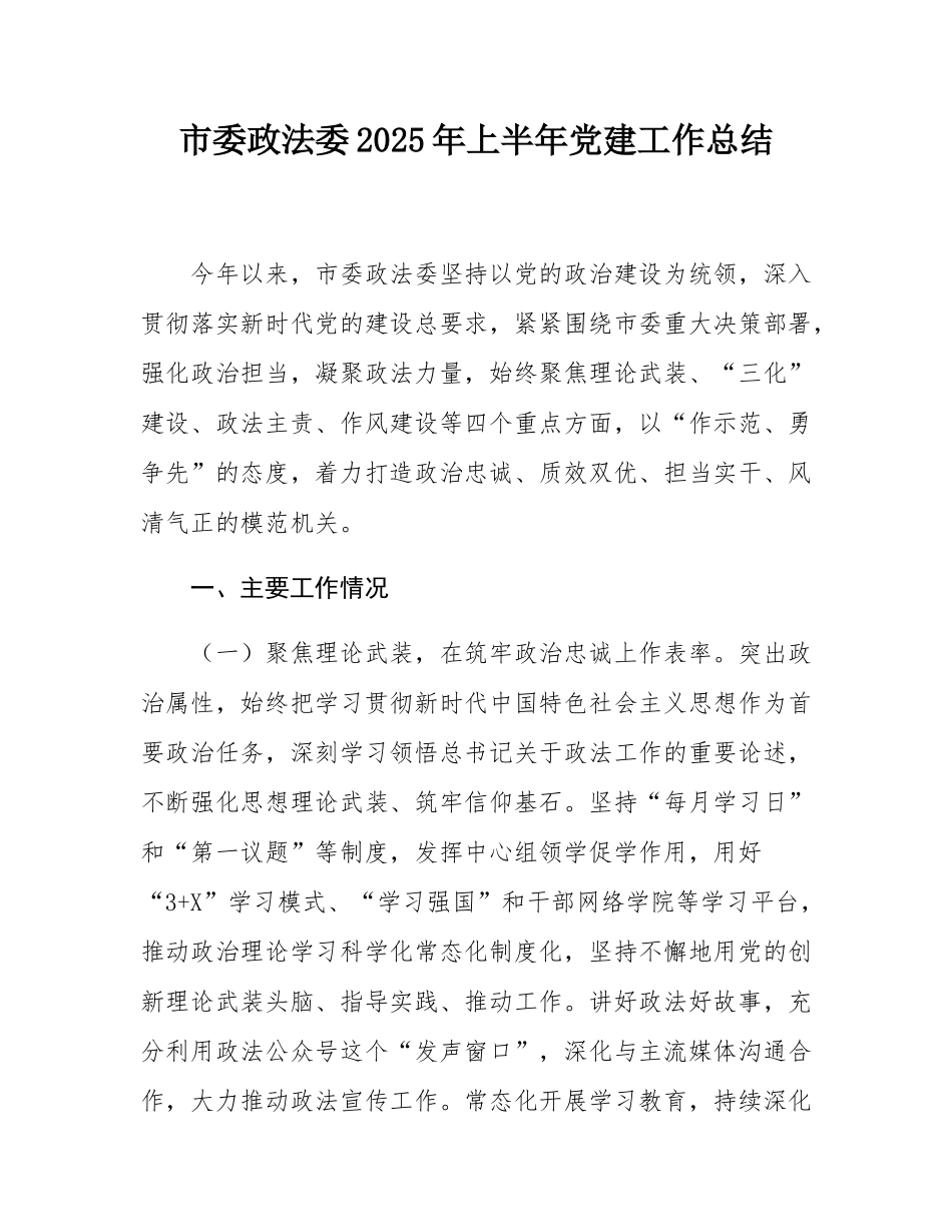 市委政法委2025年上半年党建工作总结.docx_第1页