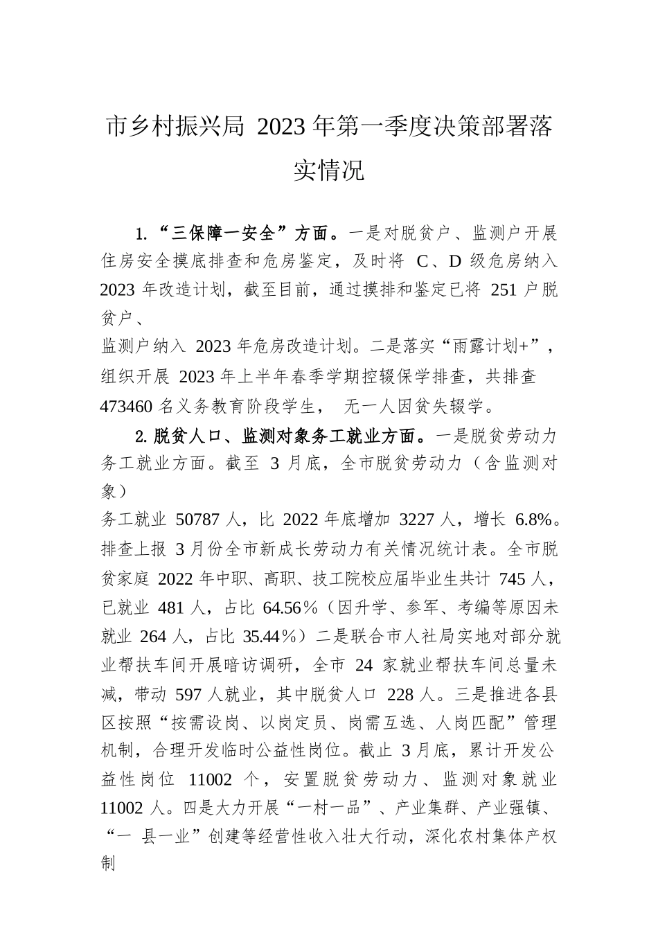 市乡村振兴局2023年第一季度决策部署落实情况（20230426）.docx_第1页