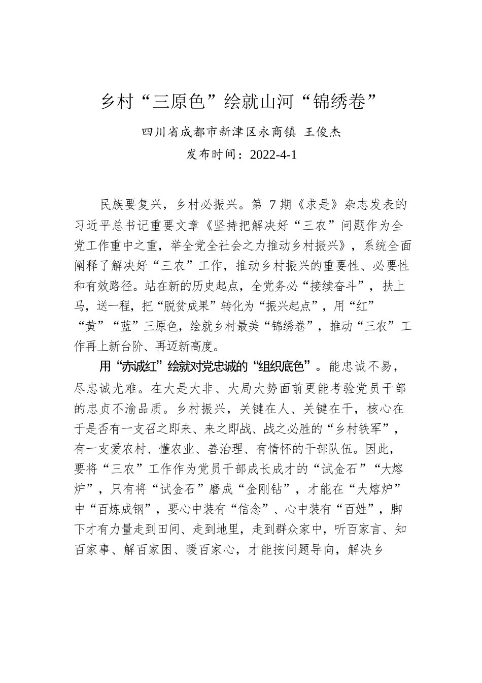 王俊杰：乡村“三原色”绘就山河“锦绣卷”.docx_第1页