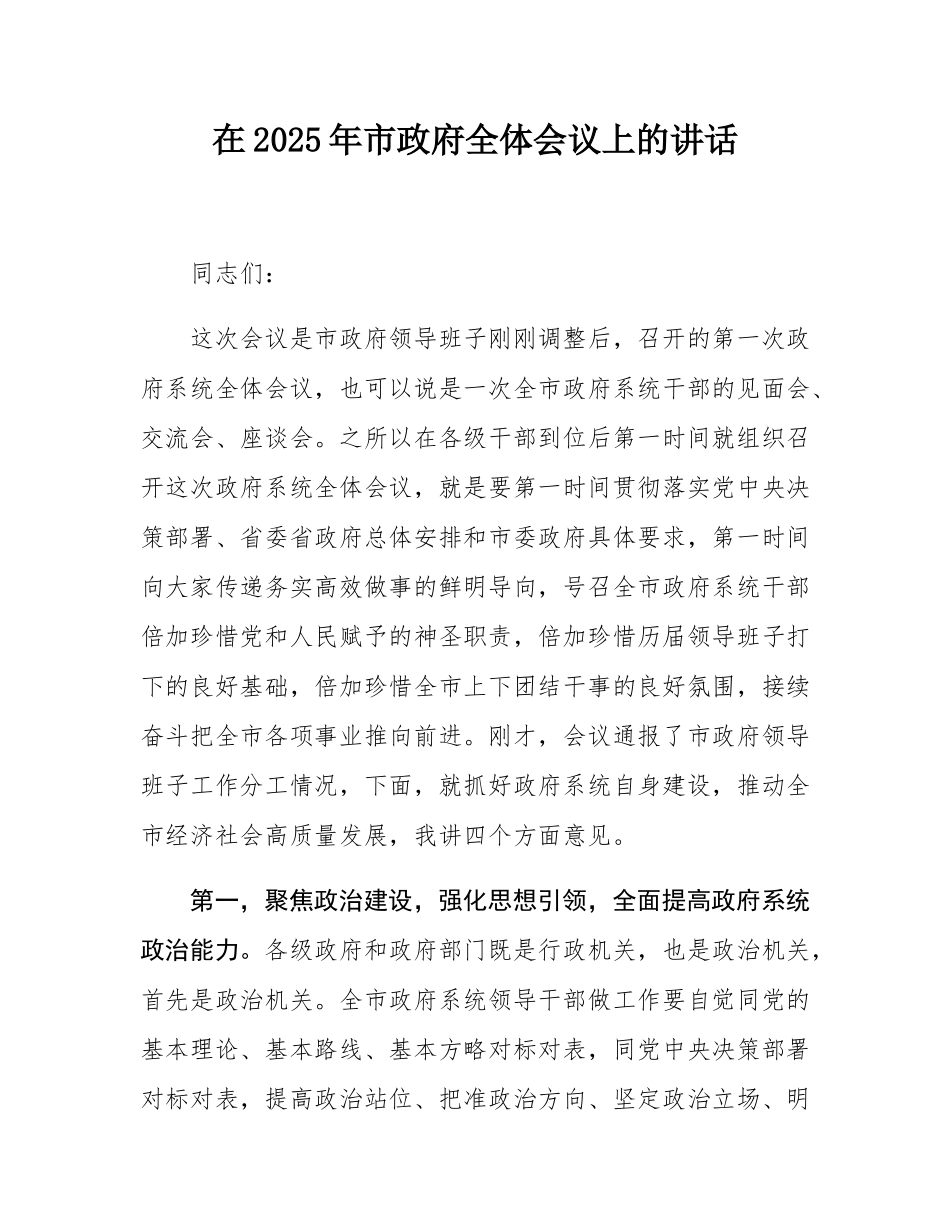 在2025年市政府全体会议上的讲话.docx_第1页
