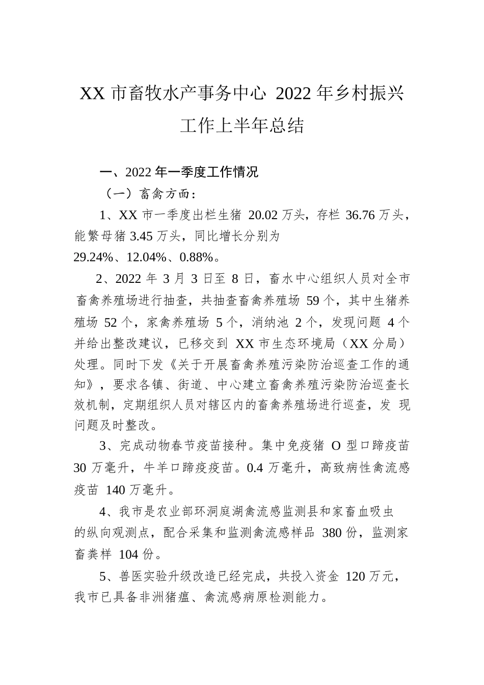 XX市畜牧水产事务中心2022年乡村振兴工作上半年总结.docx_第1页