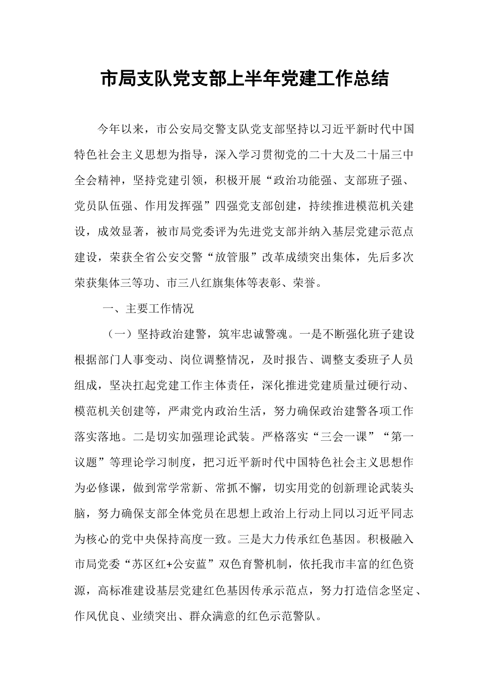 市局支队党支部上半年党建工作总结.docx_第1页