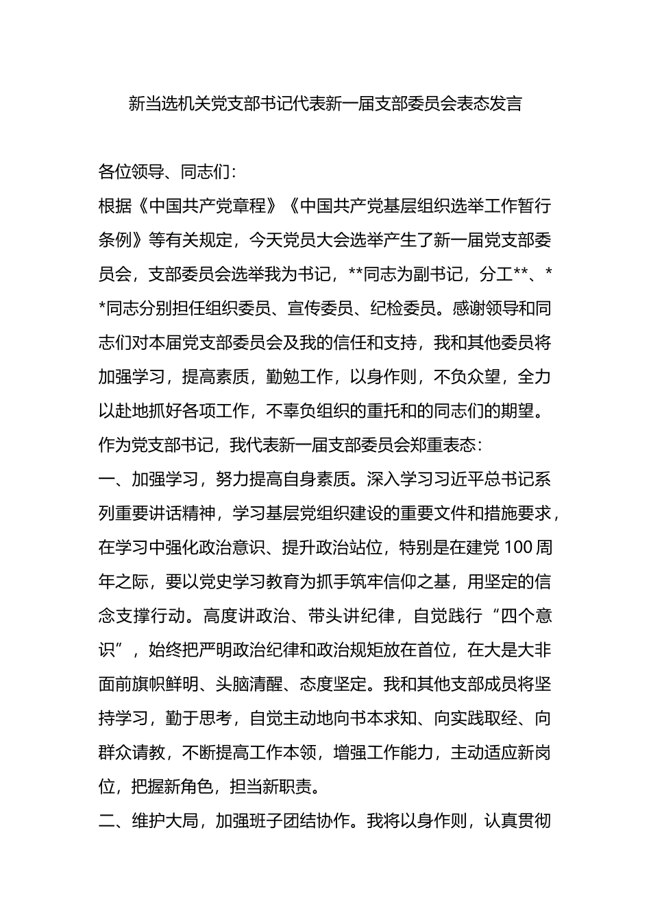 新当选机关党支部书记代表新一届支部委员会表态发言.docx_第2页