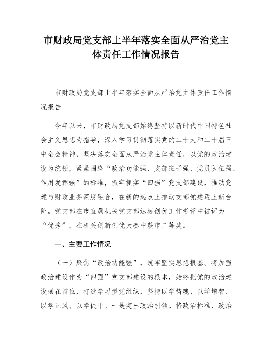 市财政局党支部上半年落实全面从严治党主体责任工作情况报告.docx_第1页