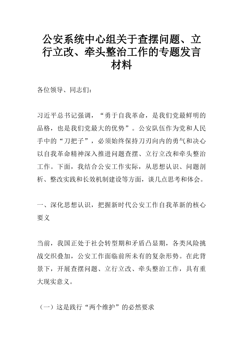 公安系统中心组关于查摆问题、立行立改、牵头整治工作的专题发言材料.docx_第1页