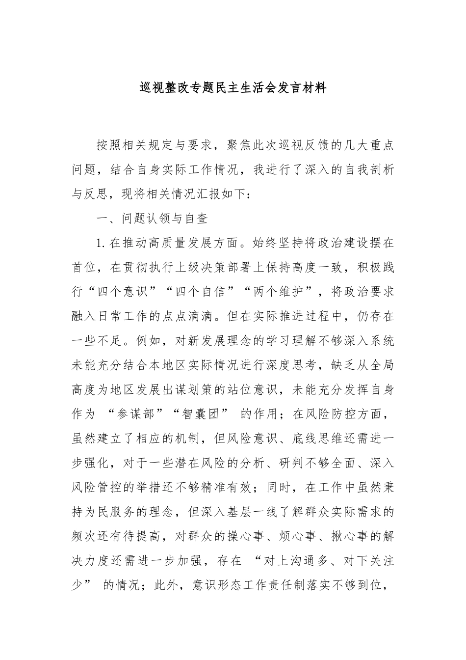 巡视整改专题民主生活会发言材料.docx_第1页