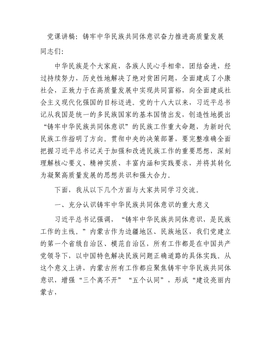 党课：铸牢中华民族共同体意识 奋力推进高质量发展.docx_第1页