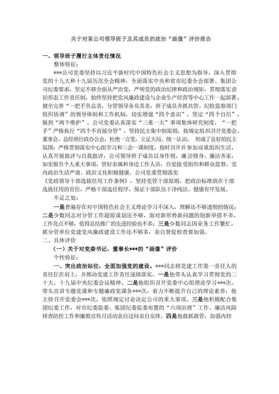 关于对某公司领导班子及其成员的“画像”评价报告.docx_第1页