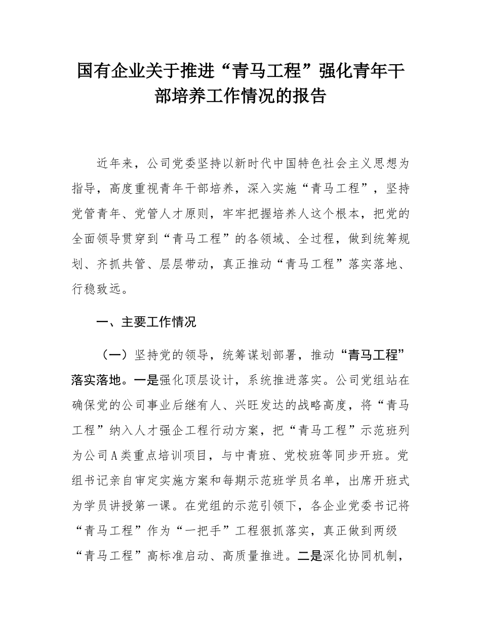 国有企业关于推进“青马工程”强化青年干部培养工作情况的报告.docx_第1页