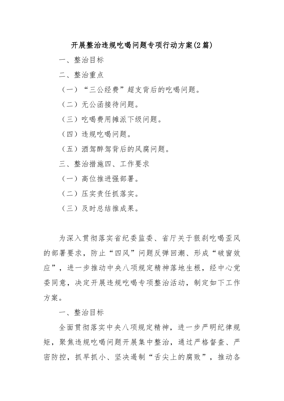 (2篇)开展整治违规吃喝问题专项行动方案.docx_第1页