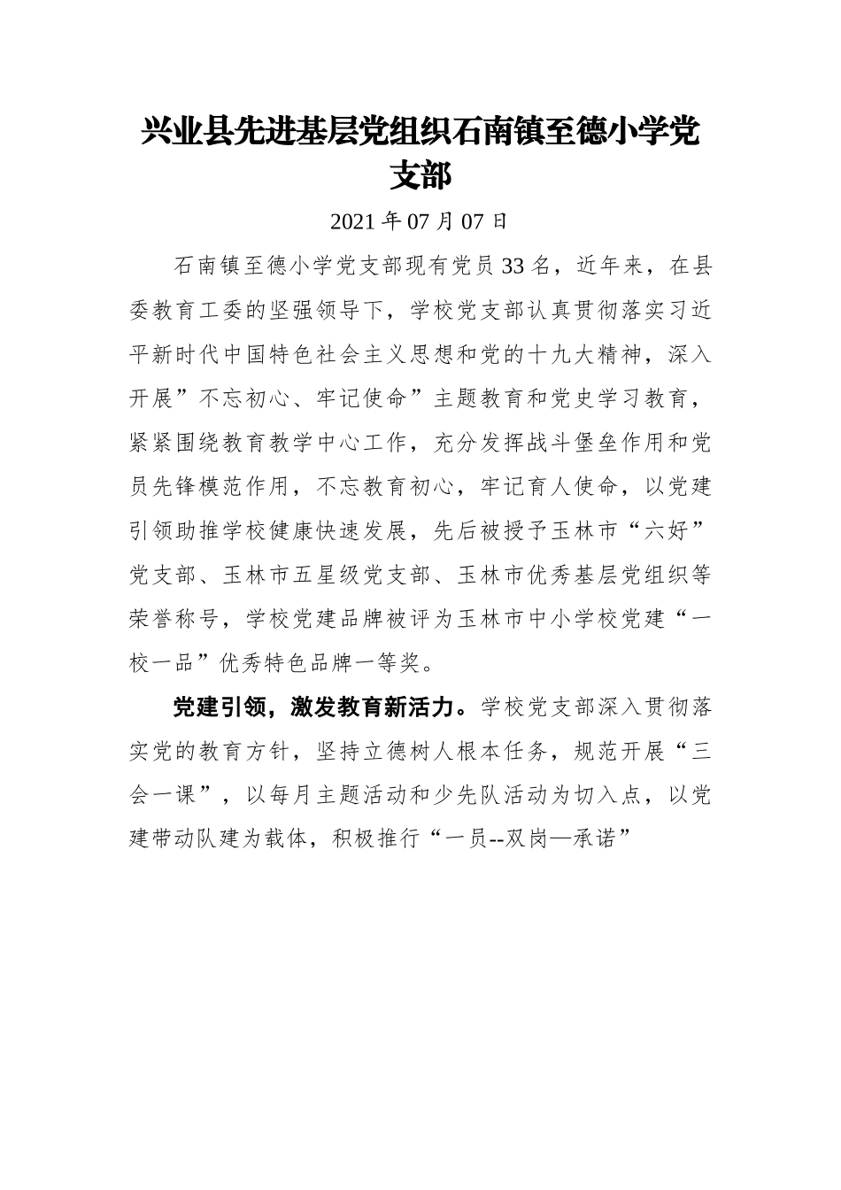 兴业县先进基层党组织石南镇至德小学党支部.docx_第1页