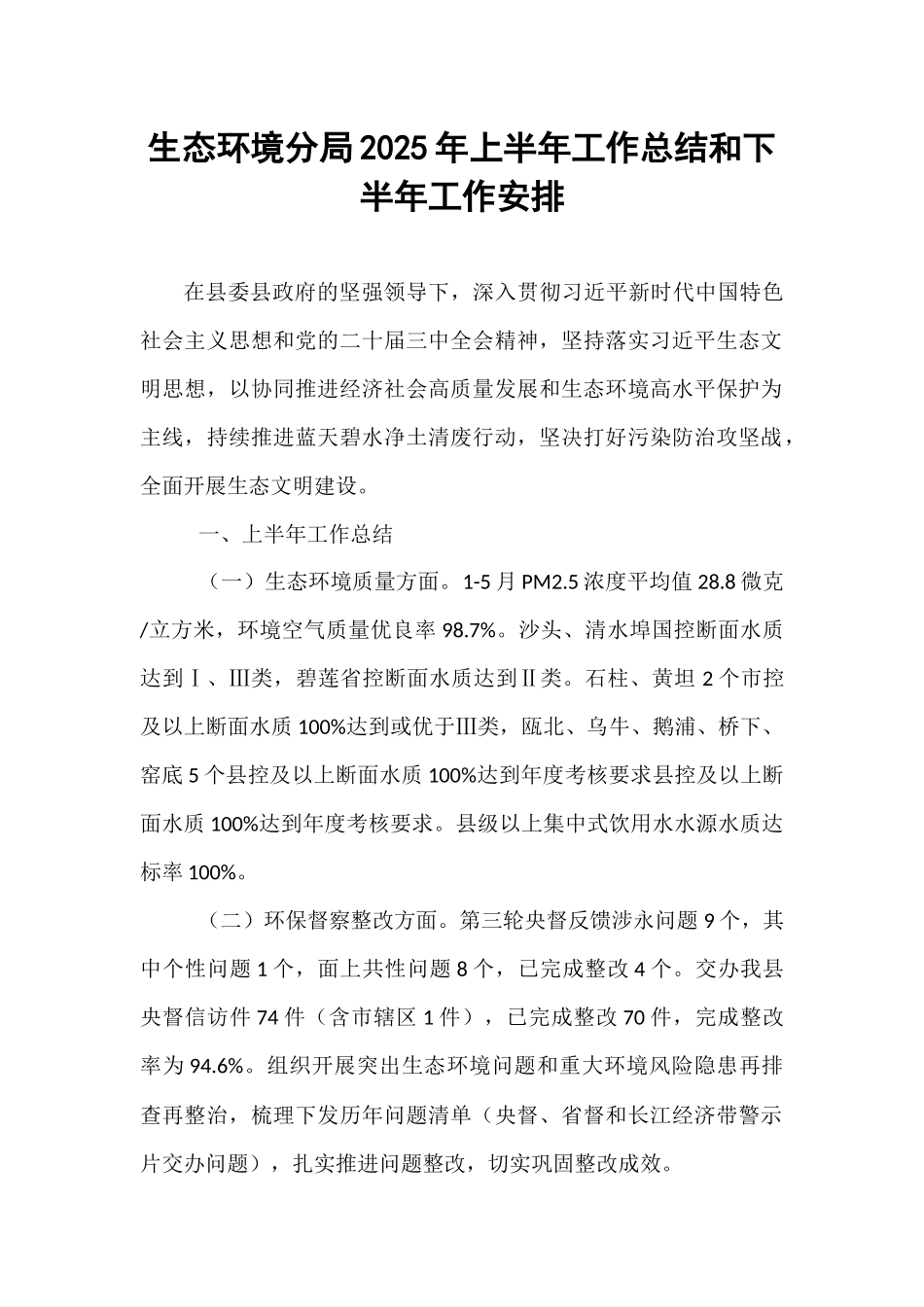 生态环境分局2025年上半年工作总结和下半年工作安排.docx_第1页