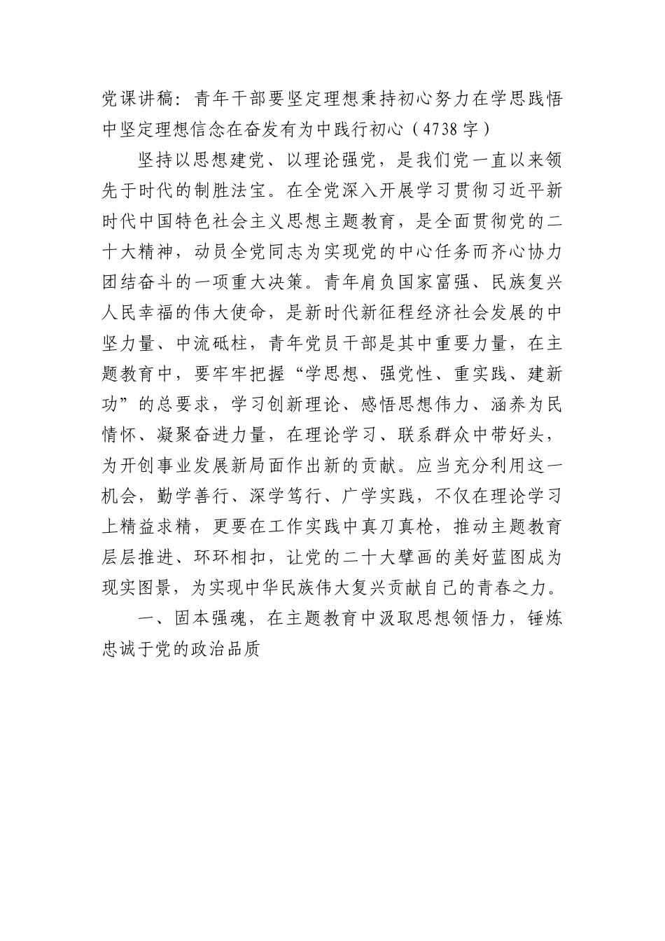 党课讲稿：青年干部要坚定理想秉持初心努力在学思践悟中坚定理想信念在奋发有为中践行初心.docx_第1页
