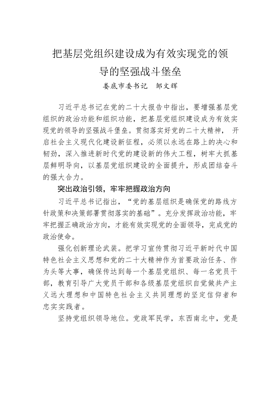 XX市委书记：把基层党组织建设成为有效实现党的领导的坚强战斗堡垒.docx_第1页