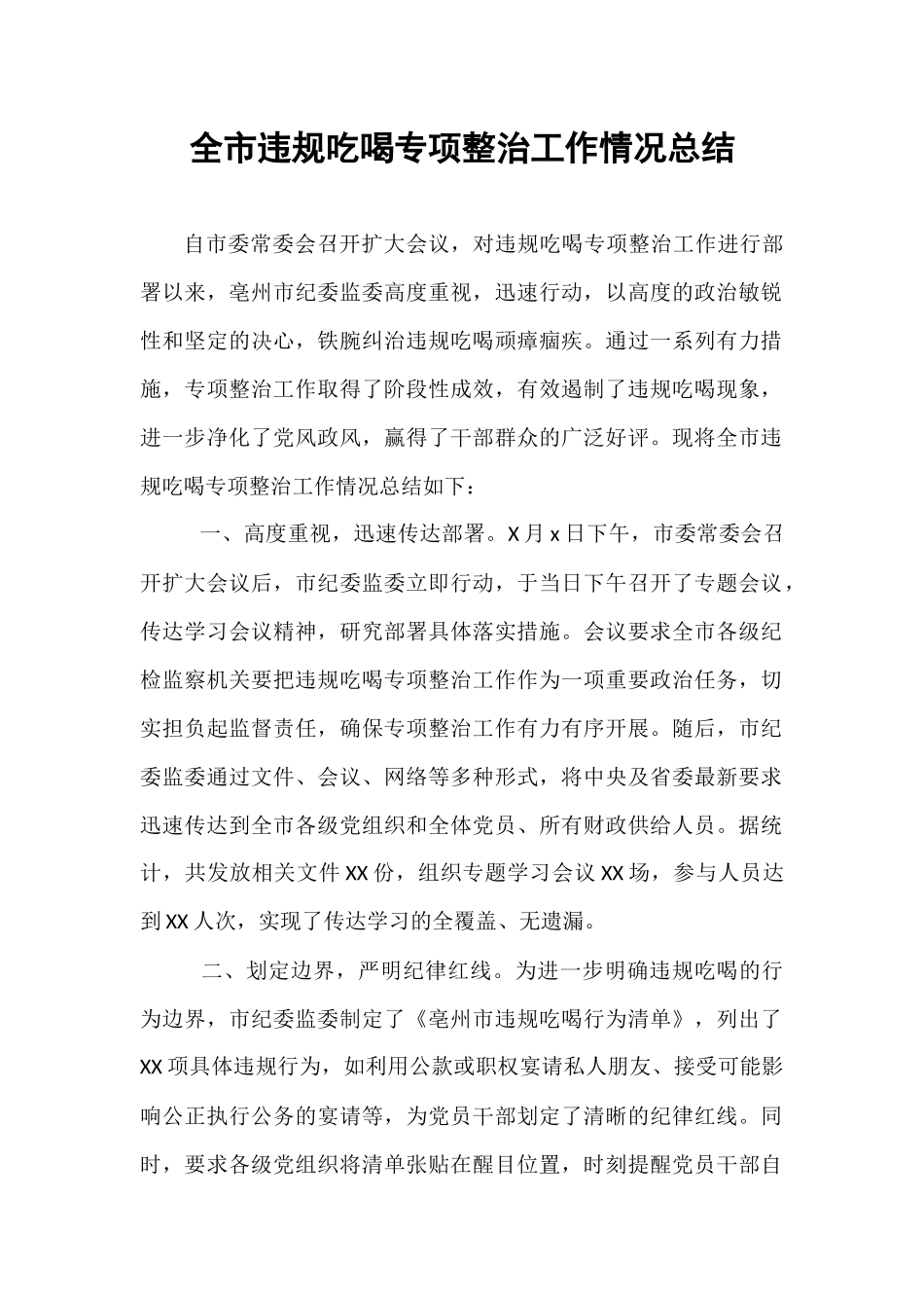 全市违规吃喝专项整治工作情况总结.docx_第1页