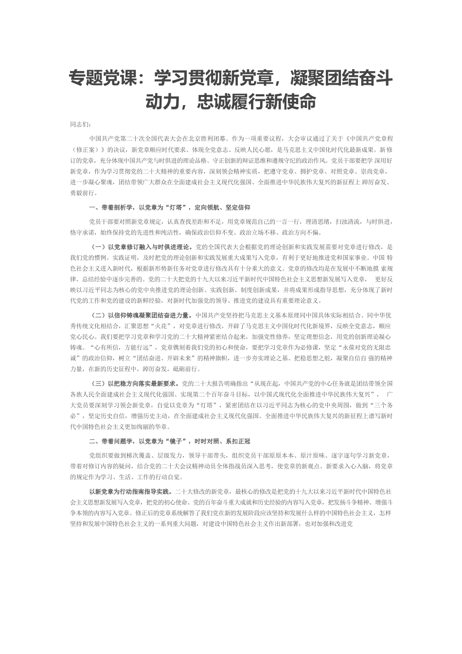 二十大专题党课：学习贯彻新党章，凝聚团结奋斗动力，忠诚履行新使命.docx_第1页