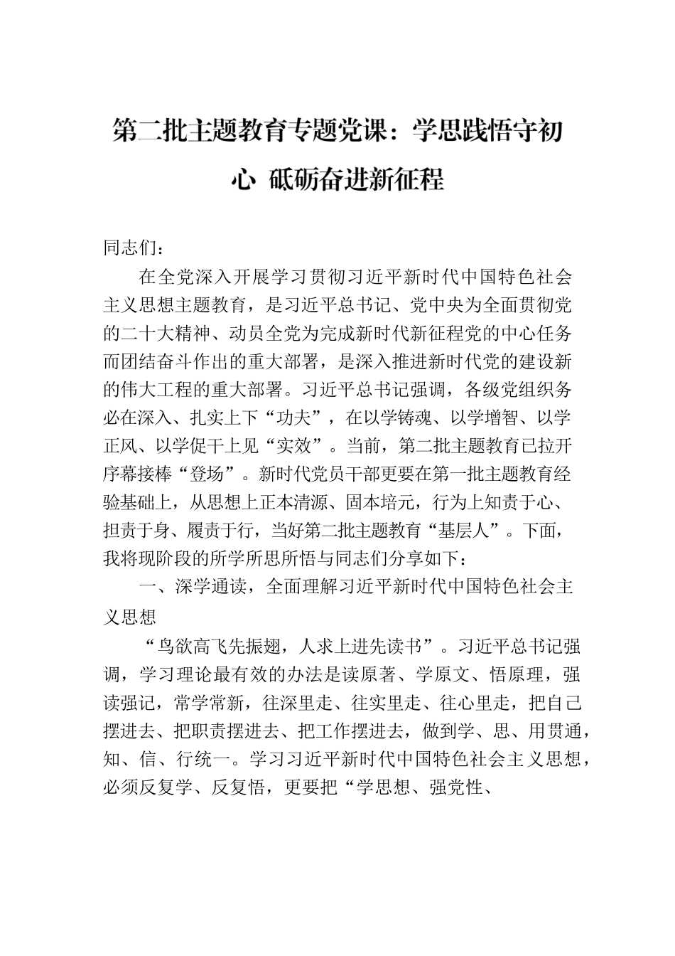 第二批主题教育专题党课：学思践悟守初心 砥砺奋进新征程.docx_第1页