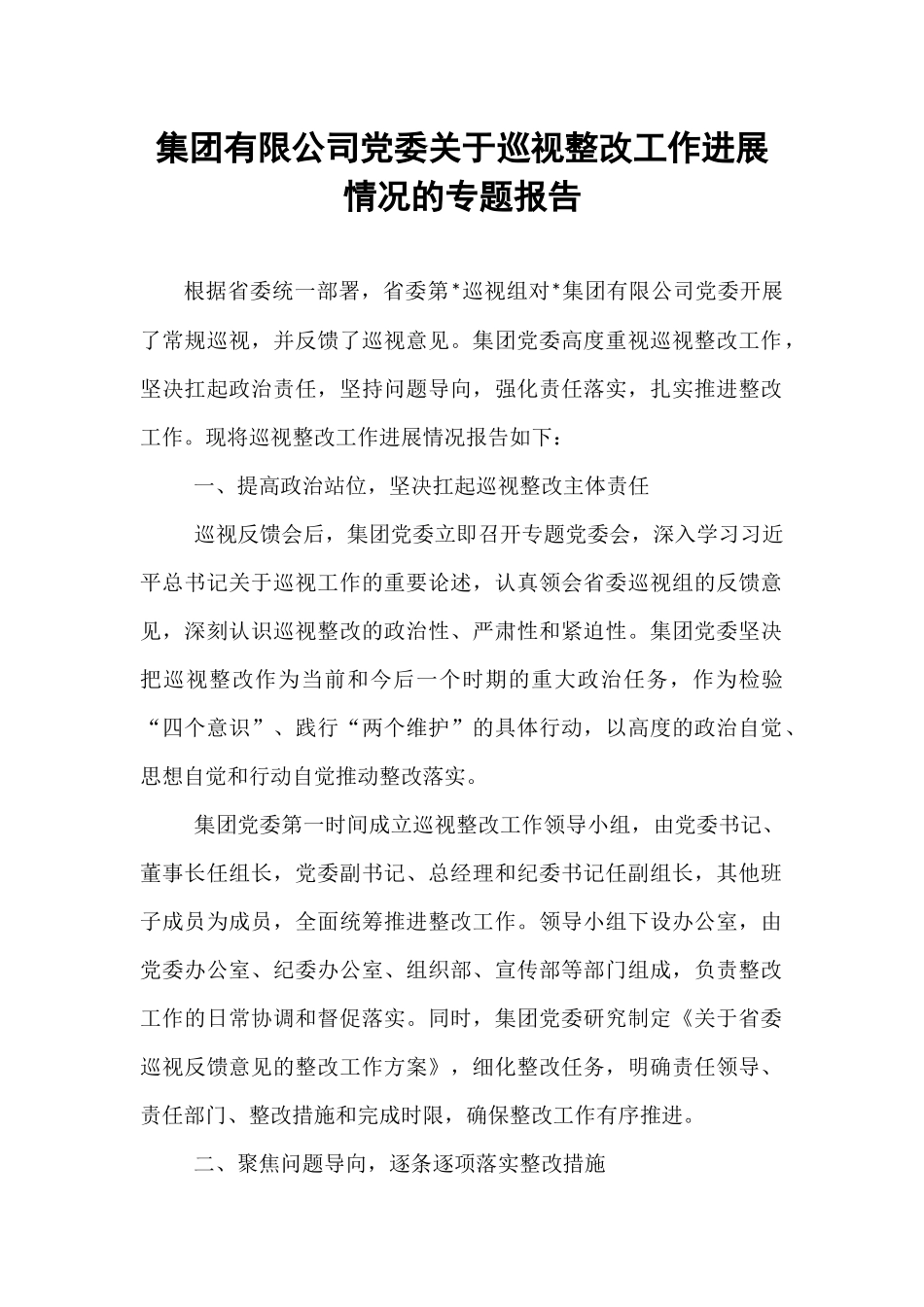 集团有限公司党委关于巡视整改工作进展情况的专题报告.docx_第1页