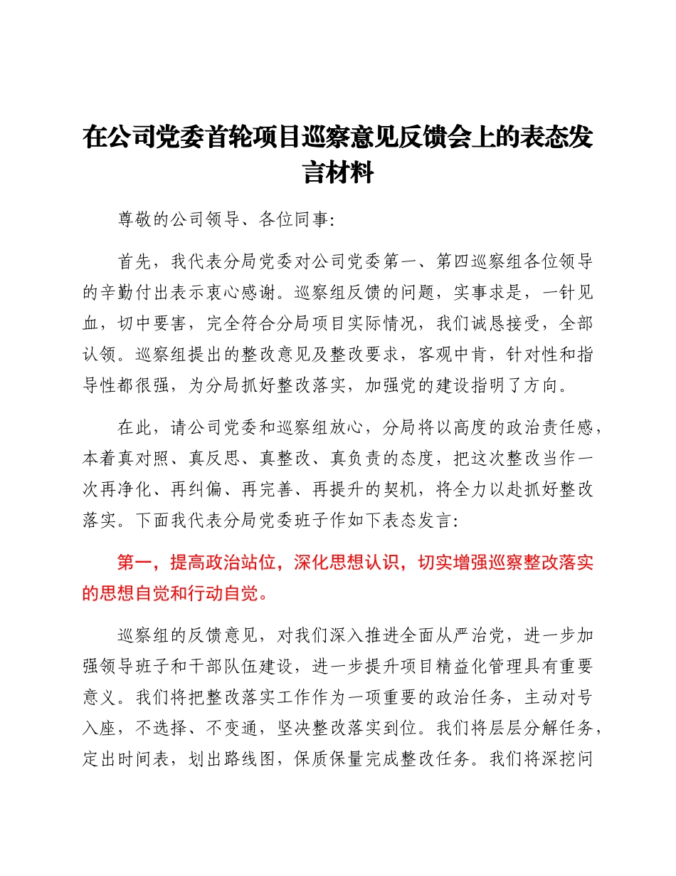 在国企公司党委首轮项目巡察意见反馈会上的表态发言材料.docx_第1页