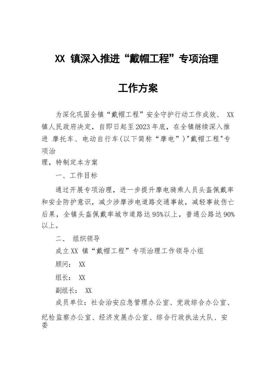 XX镇深入推进“戴帽工程”专项治理工作方案.docx_第1页