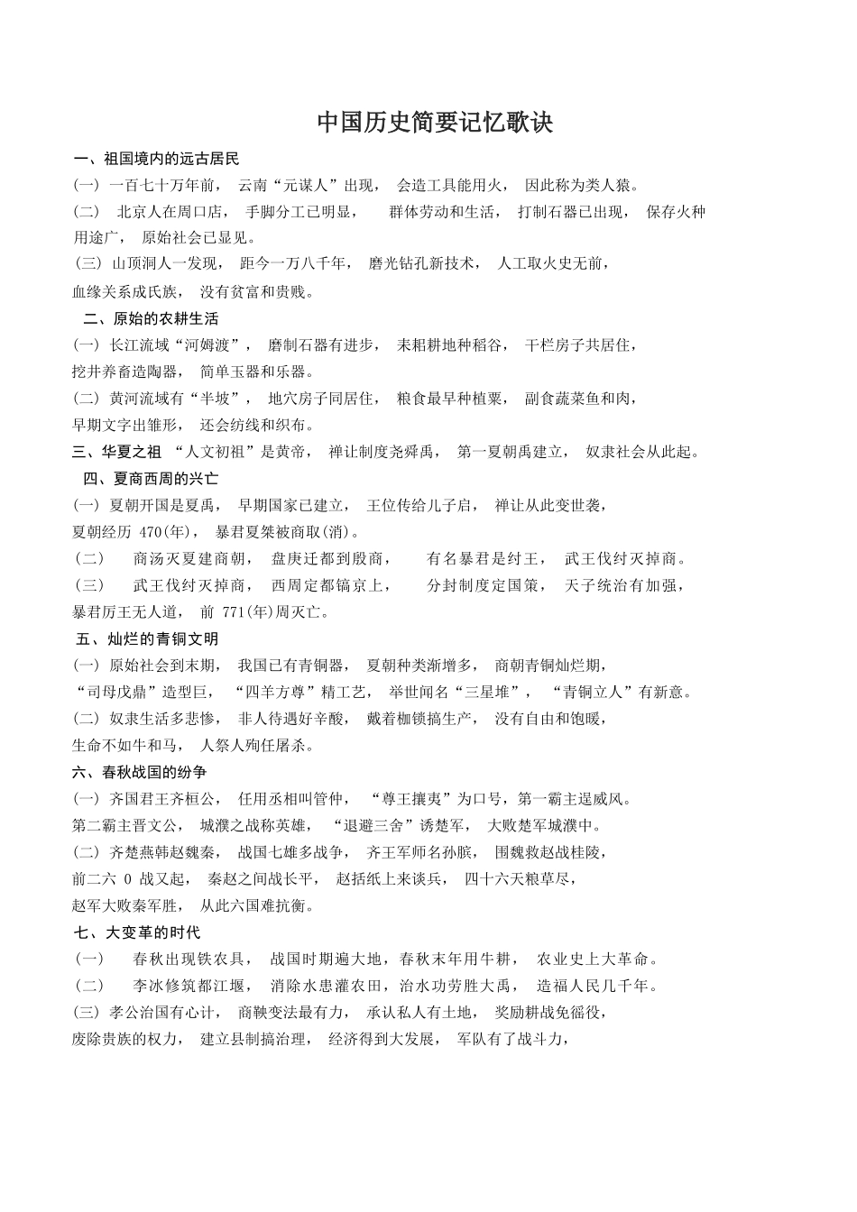 中国历史简要记忆歌诀.docx_第1页