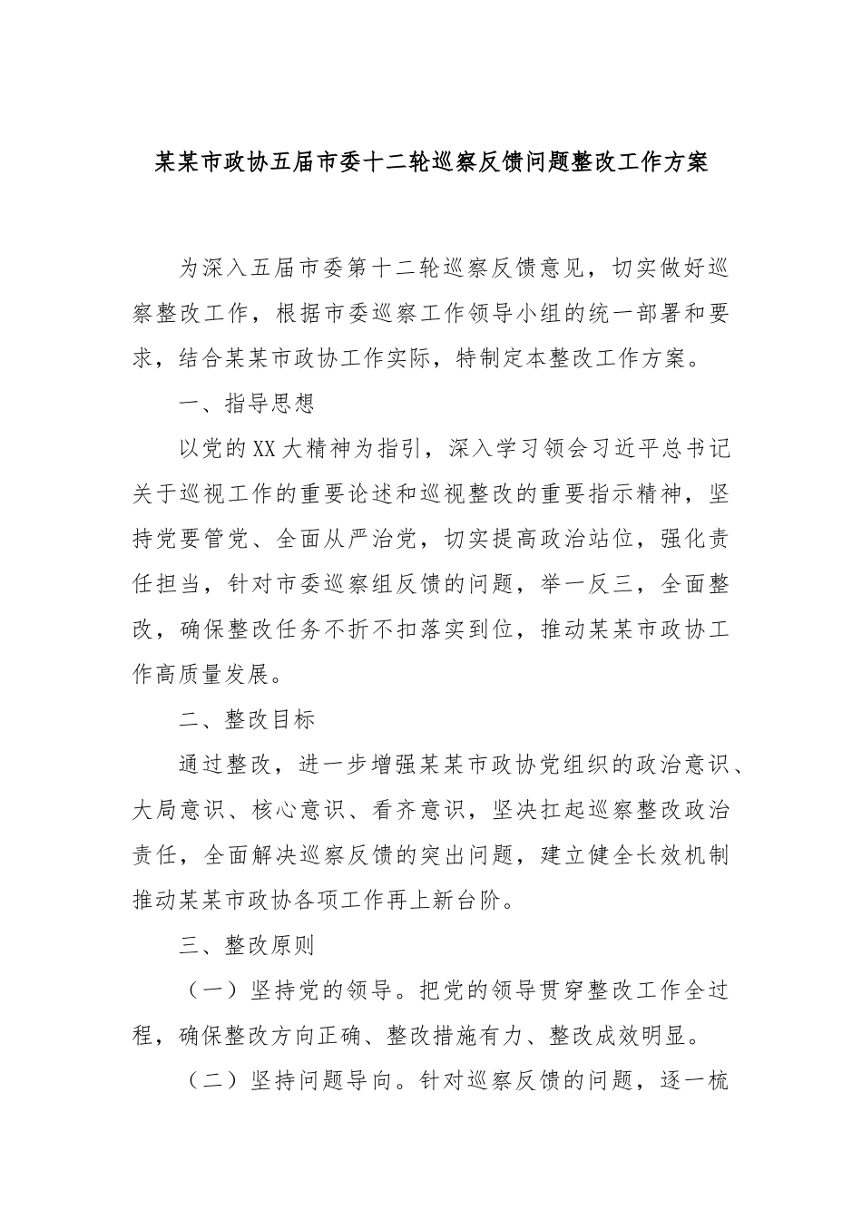 某某市政协五届市委十二轮巡察反馈问题整改工作方案.docx_第1页