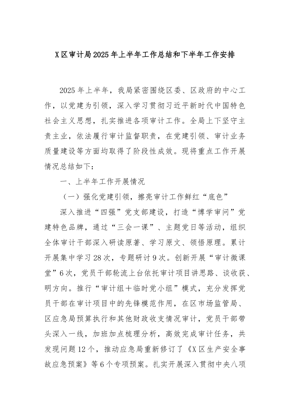 X区审计局2025年上半年工作总结和下半年工作安排.docx_第1页