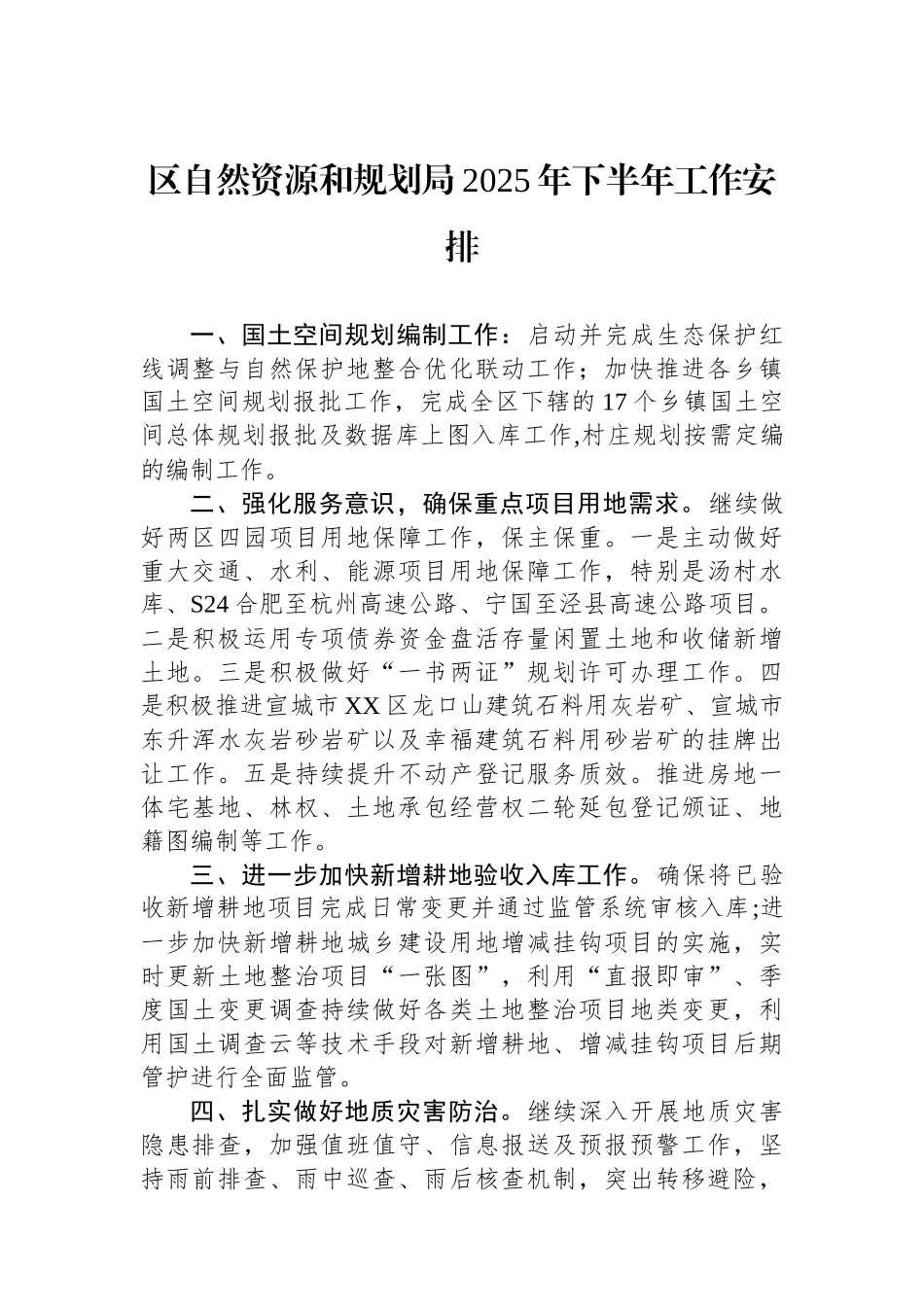 区自然资源和规划局2025年下半年工作安排.docx_第1页