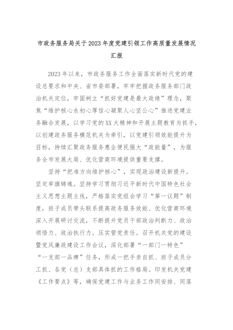 市政务服务局关于2023年度党建引领工作高质量发展情况汇报.docx_第1页