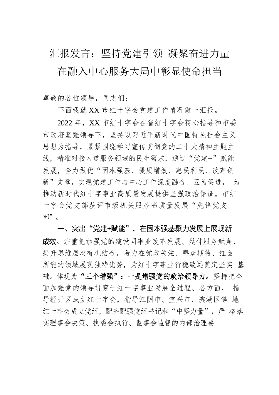 汇报发言：坚持党建引领 凝聚奋进力量 在融入中心服务大局中彰显使命担当.docx_第1页