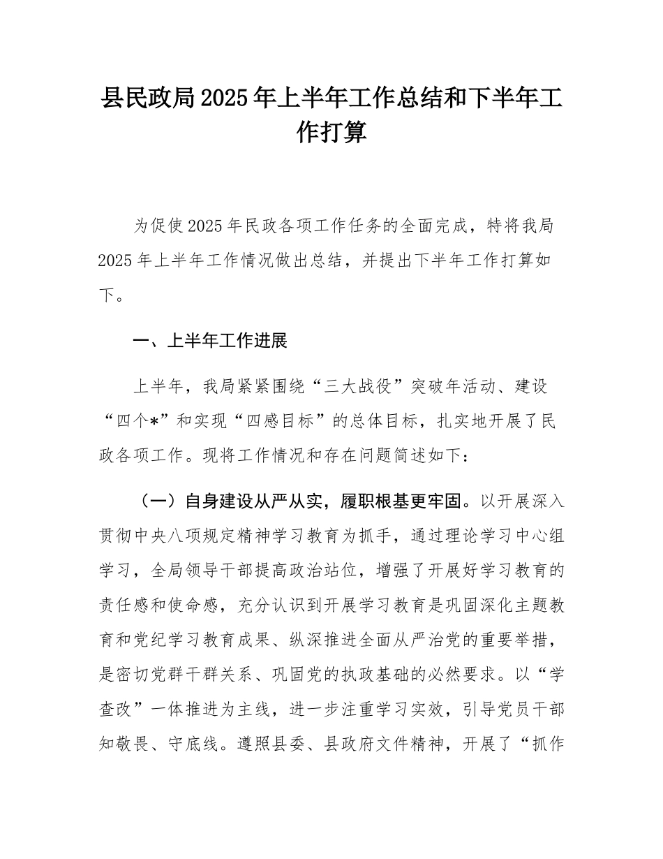 县民政局2025年上半年工作总结和下半年工作打算.docx_第1页