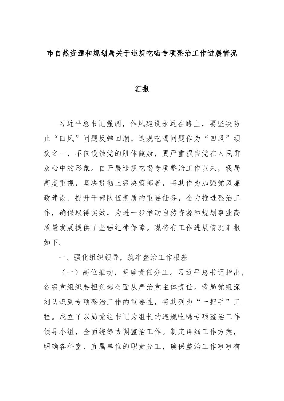 市自然资源和规划局关于违规吃喝专项整治工作进展情况汇报.docx_第1页