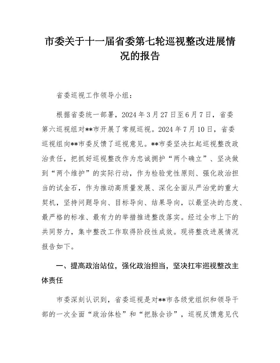 市委关于十一届省委第七轮巡视整改进展情况的报告.docx_第1页