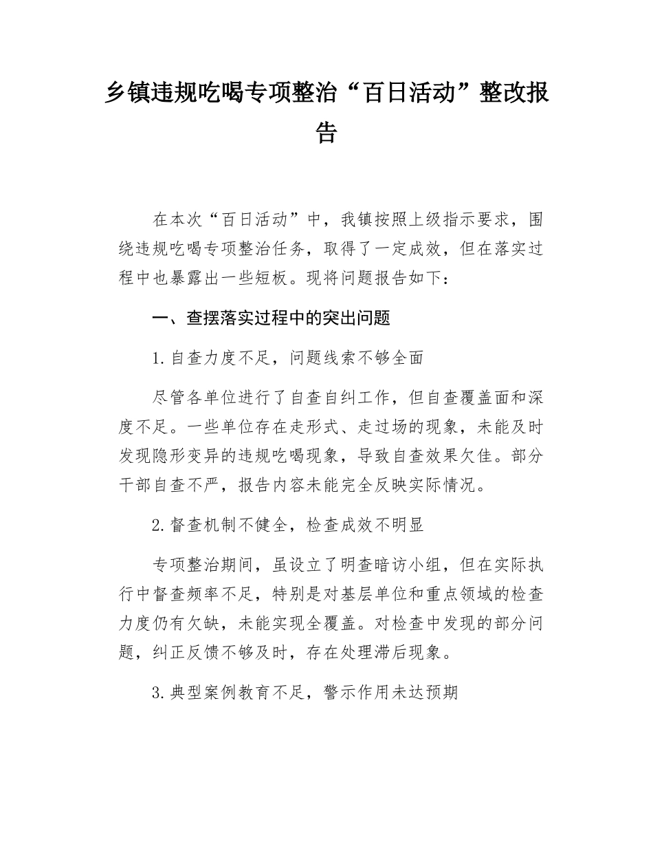 乡镇违规吃喝专项整治“百日活动”整改报告.docx_第1页