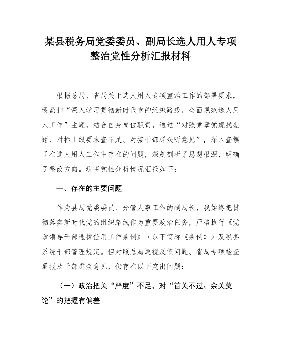 某县税务局党委委员、副局长选人用人专项整治党性分析汇报材料.docx_第1页