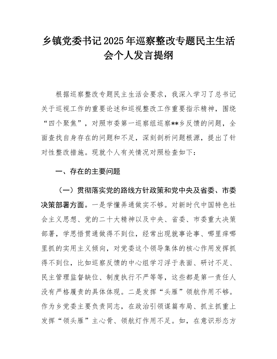 乡镇党委书记2025年巡察整改专题民主SH会个人发言提纲.docx_第1页