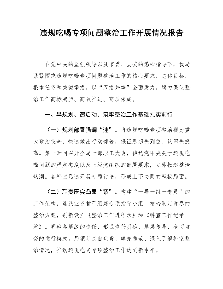 违规吃喝专项问题整治工作开展情况报告.docx_第1页