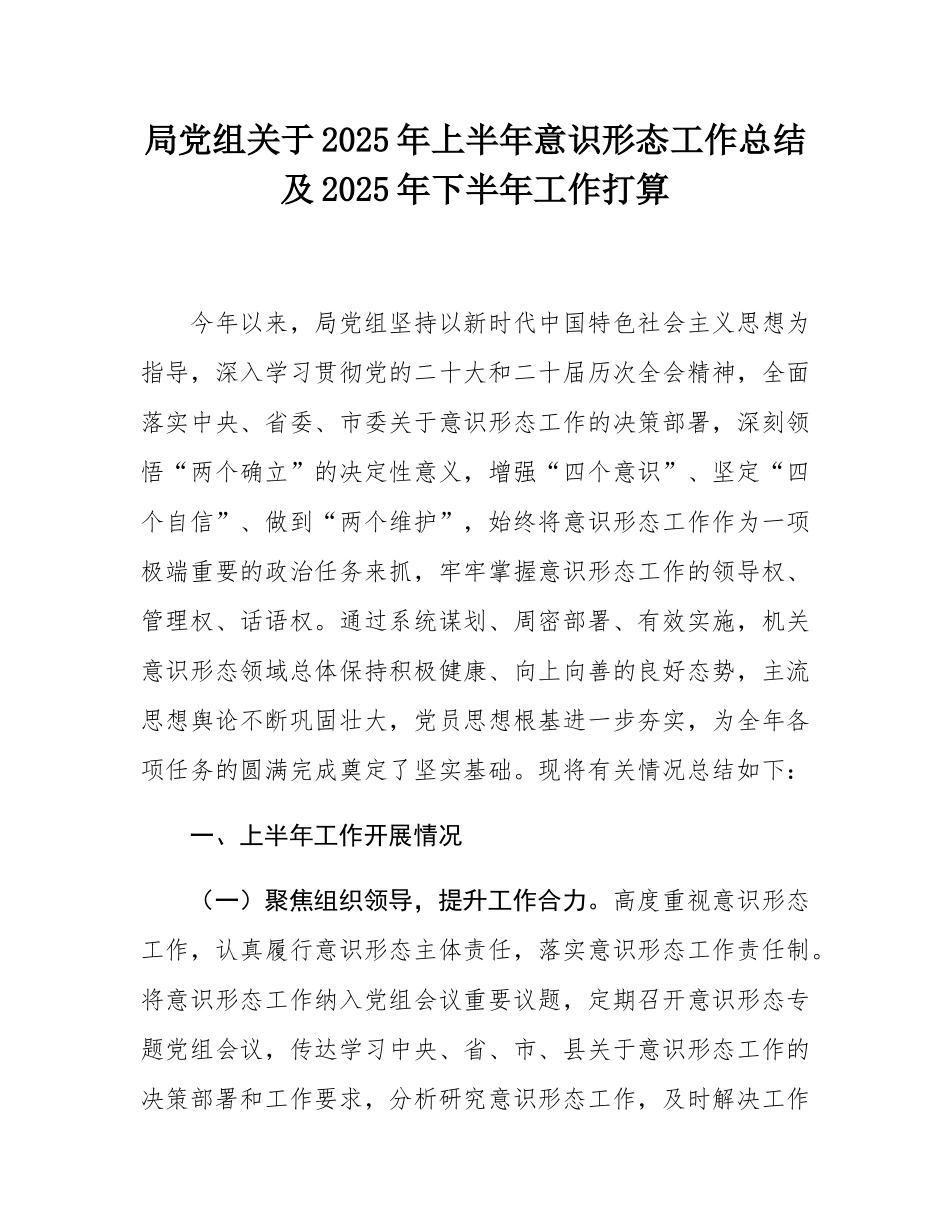 局党组关于2025年上半年意态工作总结及2025年下半年工作打算.docx_第1页