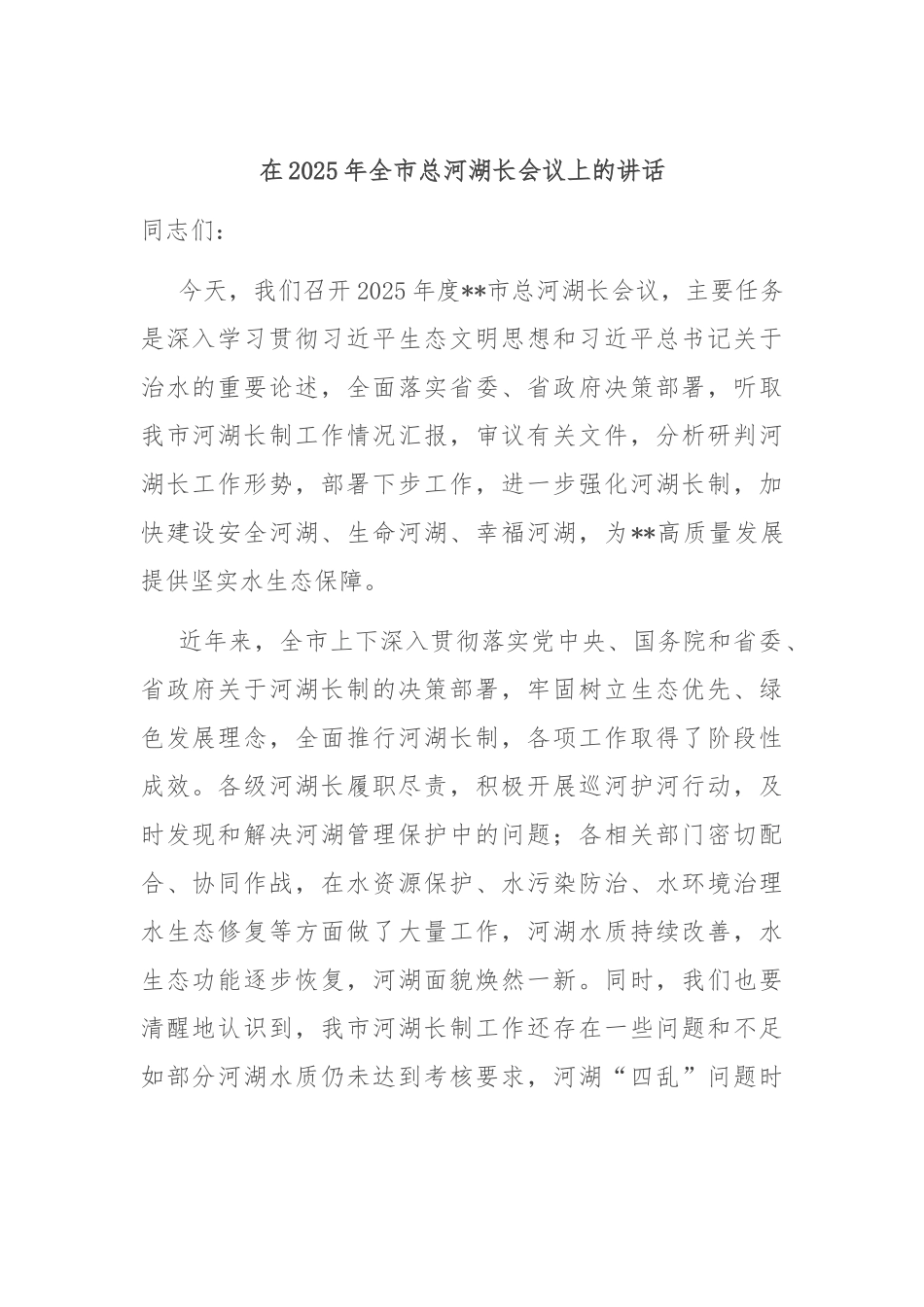 在2025年全市总河湖长会议上的讲话.docx_第1页