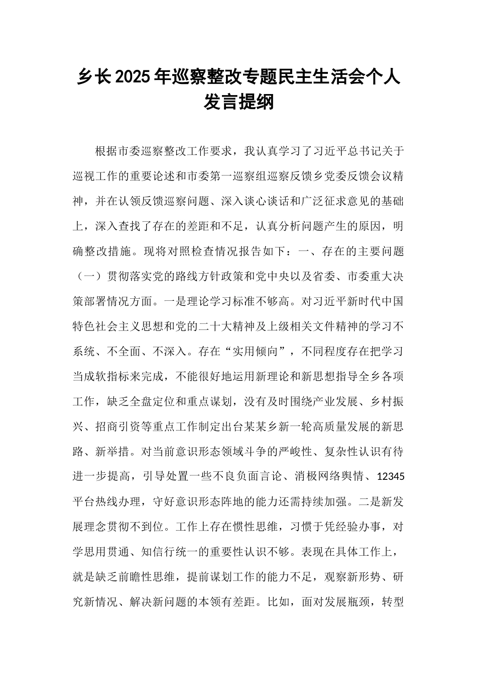乡长2025年巡察整改专题民主生活会个人发言提纲.docx_第1页
