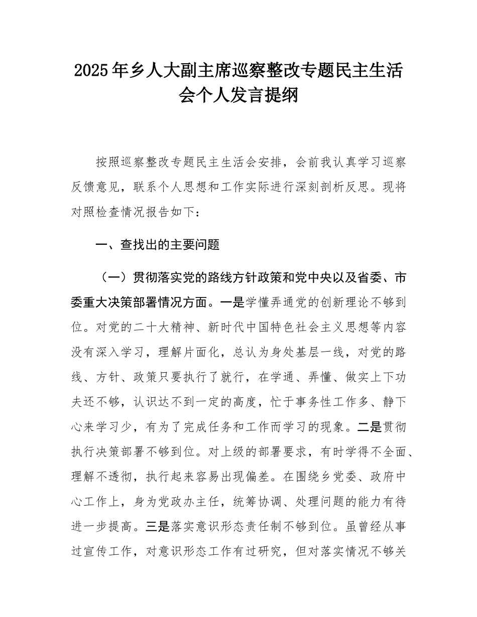 2025年乡人大副主席巡察整改专题民主SH会个人发言提纲.docx_第1页