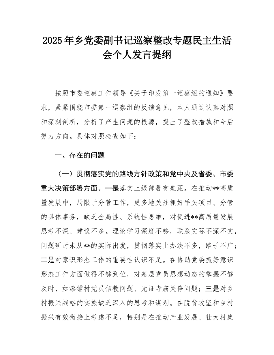 2025年乡党委副书记巡察整改专题民主SH会个人发言提纲.docx_第1页
