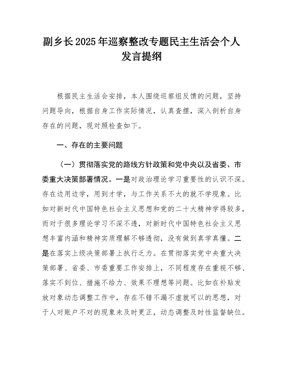 副乡长2025年巡察整改专题民主SH会个人发言提纲.docx_第1页