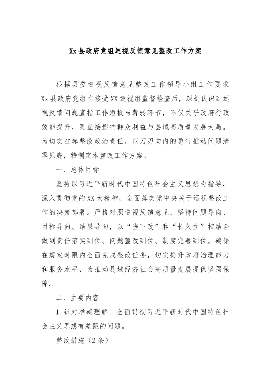 Xx县政府党组巡视反馈意见整改工作方案.docx_第1页