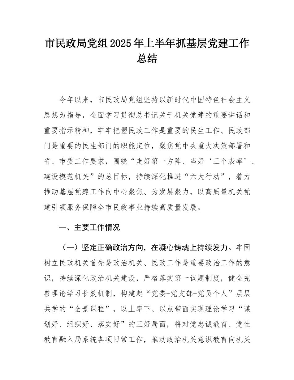 市民政局党组2025年上半年抓基层党建工作总结.docx_第1页