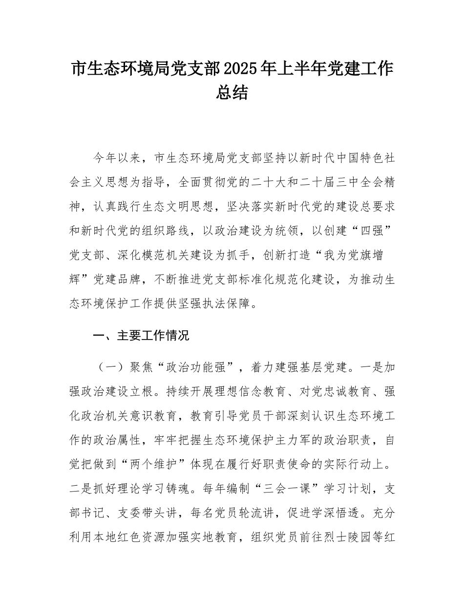 市生态环境局党支部2025年上半年党建工作总结.docx_第1页