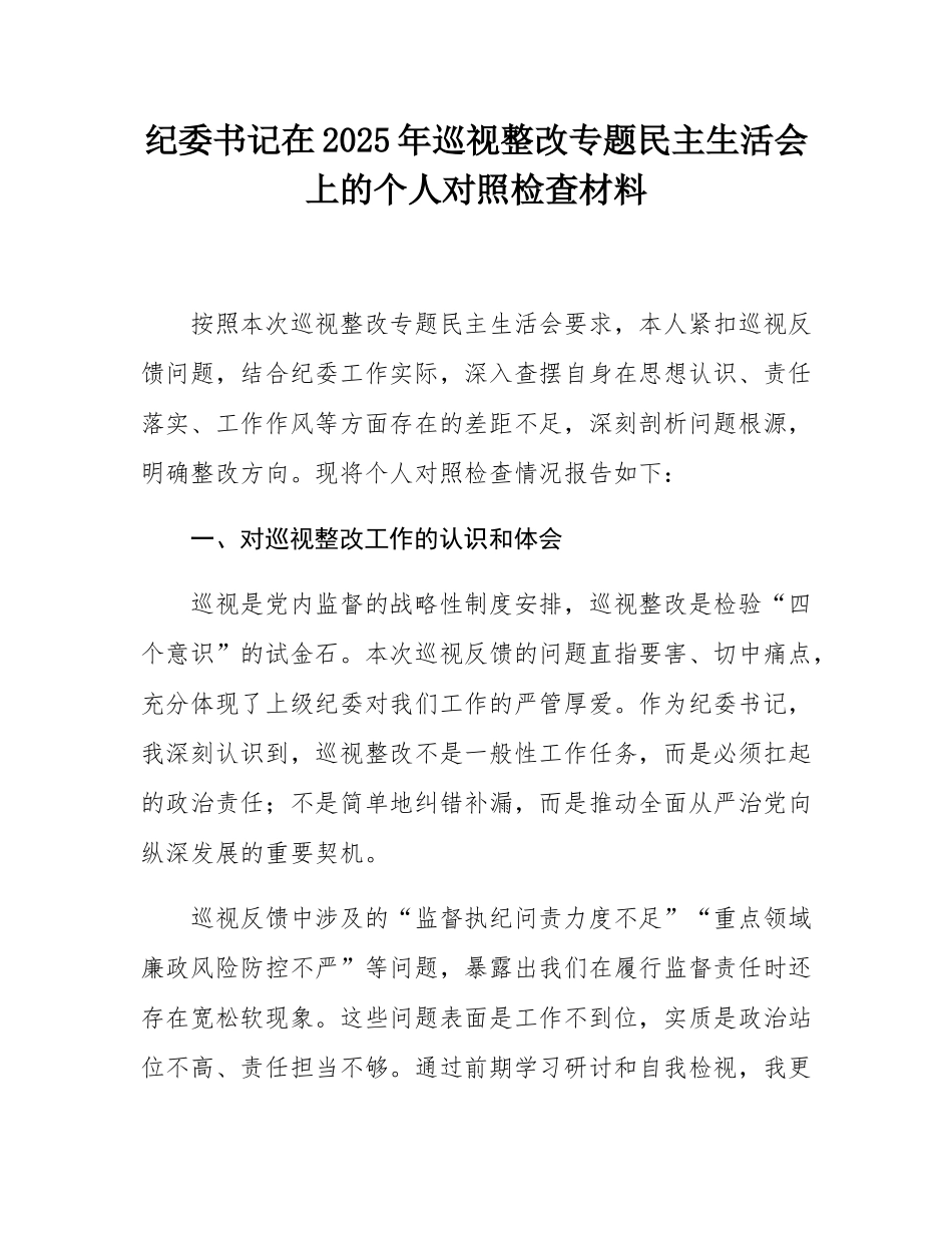 纪委书记在2025年巡视整改专题民主SH会上的个人对照检查材料.docx_第1页